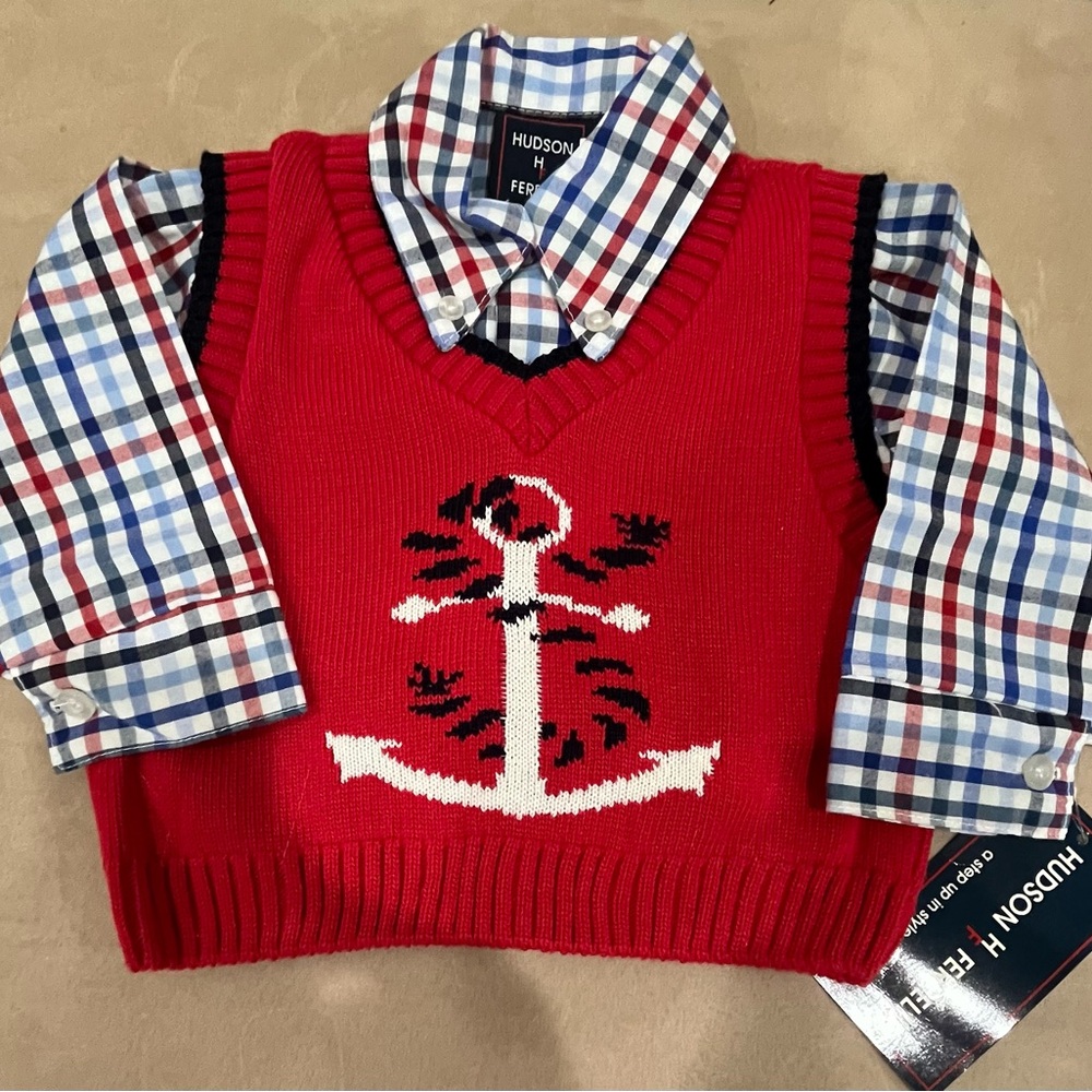 NWT boy Hudson Ferrell 2 pc Red Anchor Sweater Vest with Checkered Shirt